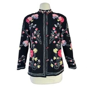 NWT Women's Small Black Boho Jacket All over floral embroidery Glass Buttons